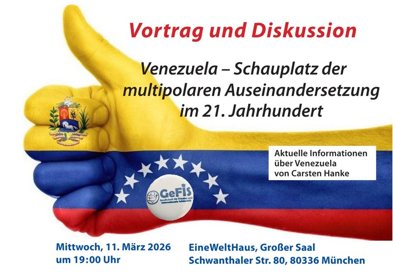 Ilustration einer Hand in den Flaggenfarben Venezuela – Schauplatz der multipolaren Auseinandersetzung im 21.Jahrhundert  Eine Analyse der politischen Situation nach der Aggression der Trump-Regierung  Der Referent Carsten Hanke beleuchtet die jüngere Geschichte Venezuelas